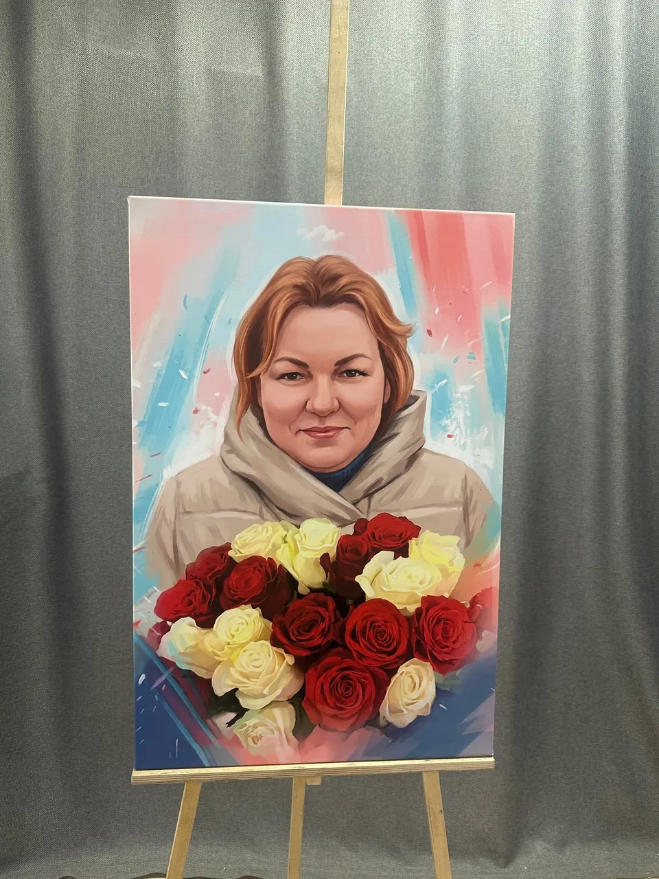 Портрет с букетом роз на холсте