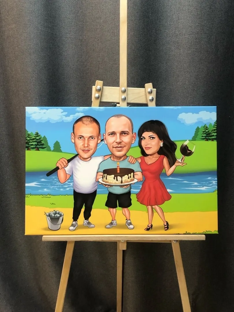 Шарж на берегу озера на холсте