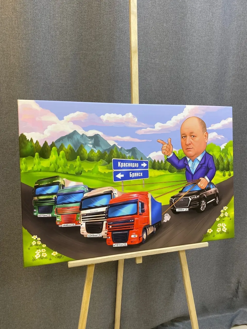 Шарж с колонной грузовиков на холсте