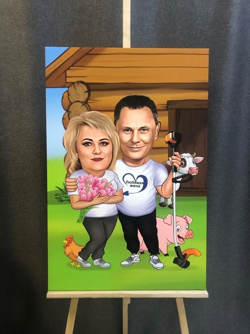 Шарж пары на подворье на холсте