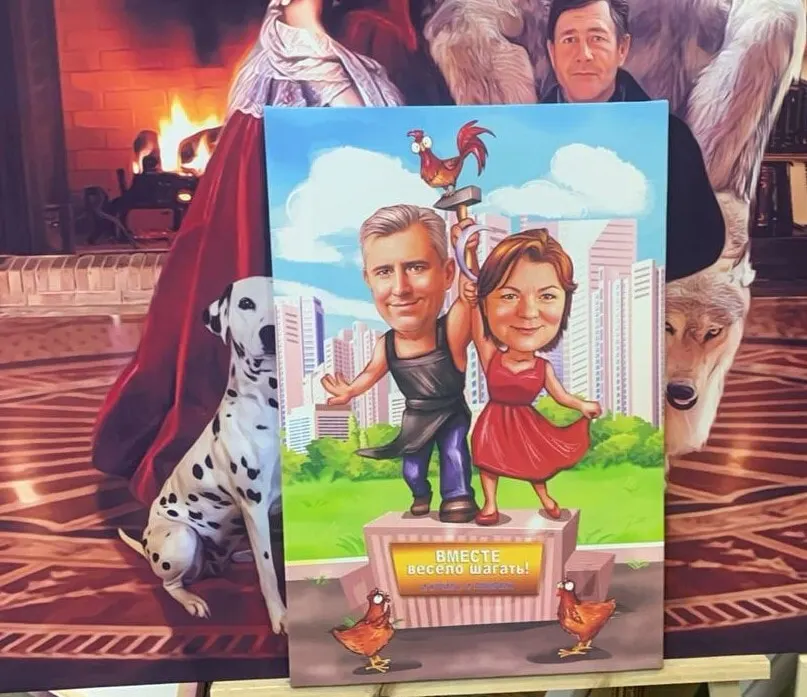Шарж на пару на пьедестале на холсте